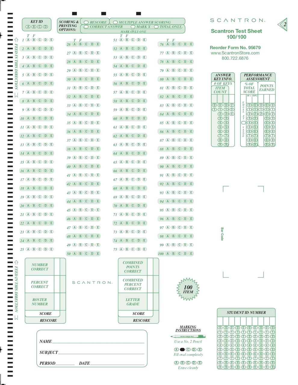 95679 Test Sheet 100/100 (500/PKG) - Scantron