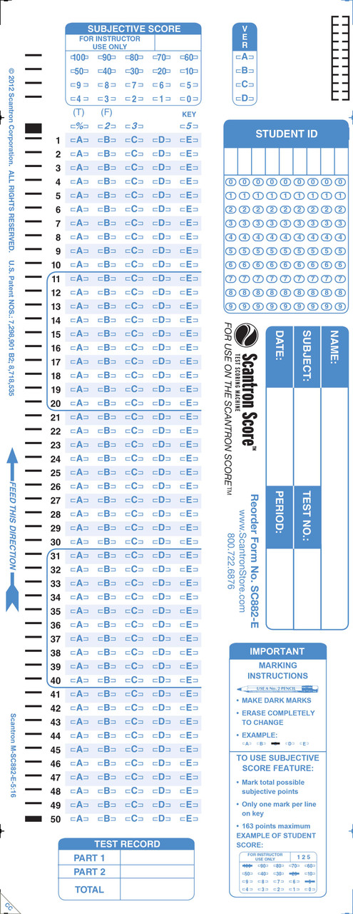 SCANTEST-100 Compatible Answer Sheets - 500 Pack, 4.25" X 11", 100 Questions, 5 Choice (A-E), Works With Scantron 888P/888P+/Score Scanners
