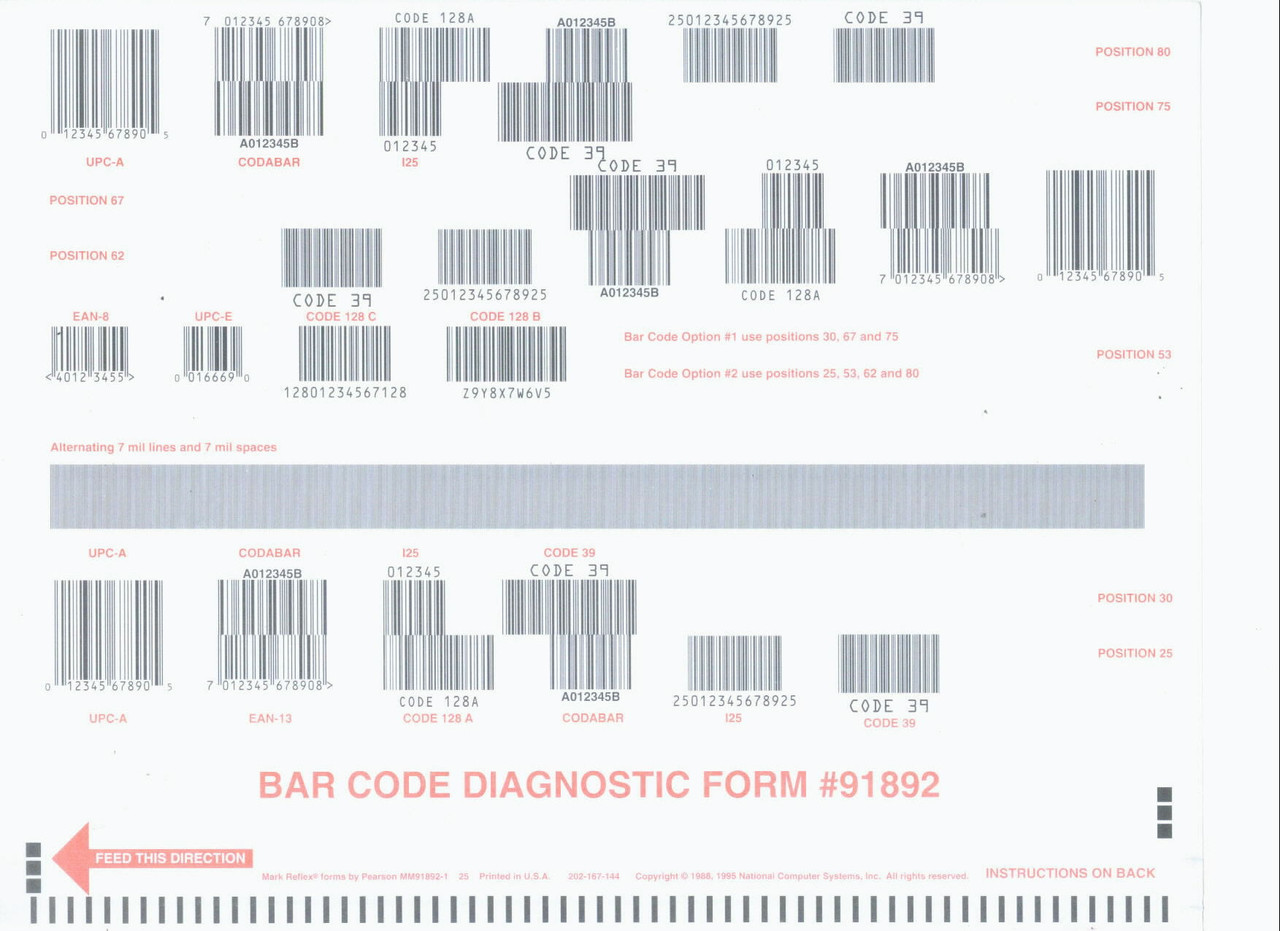 Jepc Bar Code 202167144 BAR CODE DIAGNOSTIC (25/PKG) FORM #91892 (FRM50) - Scantron