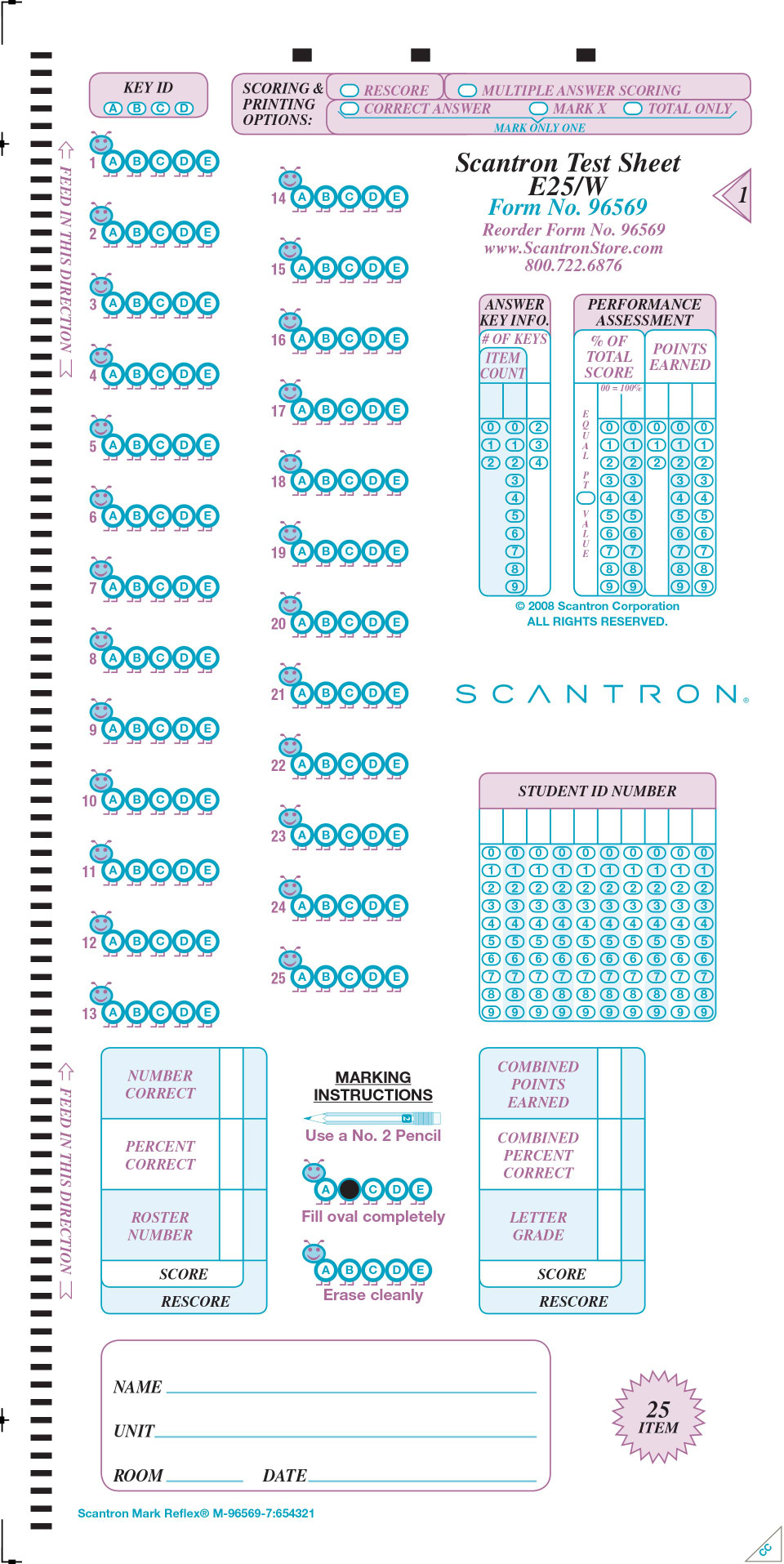 95677 Test Sheet 100/W (500/PKG) - Scantron