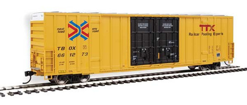 60' High-Cube Plate F Boxcar - Ready to Run -- TTX TBOX #661273 (yellow, black, Red TTX and Next Load Any Road Logos)