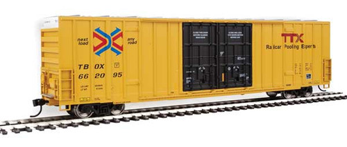 60' High-Cube Plate F Boxcar - Ready to Run -- TTX TBOX #662095 (yellow, black, Red TTX and Next Load Any Road Logos)