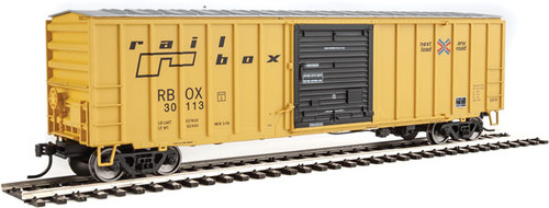 50' ACF Exterior Post Boxcar - Ready to Run -- Railbox #30113 (yellow, Black Door; Small Logo, Slogan)