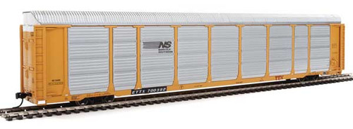 89' Thrall Enclosed Tri-Level Auto Carrier - Ready to Run -- Norfolk Southern Rack ETTX Flat #33488/700392 (yellow, silver, bla