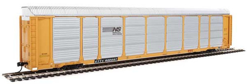89' Thrall Enclosed Tri-Level Auto Carrier - Ready to Run -- Norfolk Southern Rack ETTX Flat #33519/800667 (yellow, silver, bla