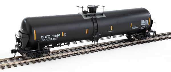 55' Trinity Modified 30,145-Gallon Tank Car - Ready to Run -- GATX Rail Canada CGTX #31180 (black, white; yellow conspicuity marks)