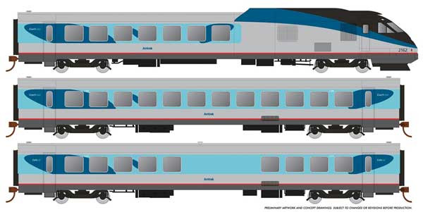 RTL Turboliner 5-Unit Train - Sound and DCC -- Amtrak 2141, 2288, 2374, 2284, 2162 (Phase V, silver, blue)