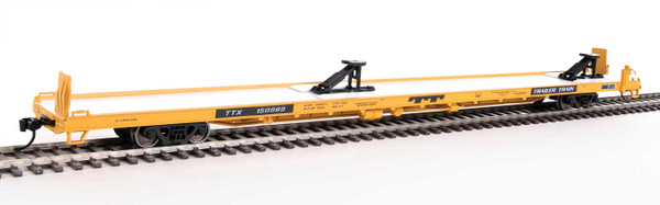 89' Channel Side Flatcar - Ready to Run -- Trailer-Train #150989 (yellow, black; 40' Trailer Service)