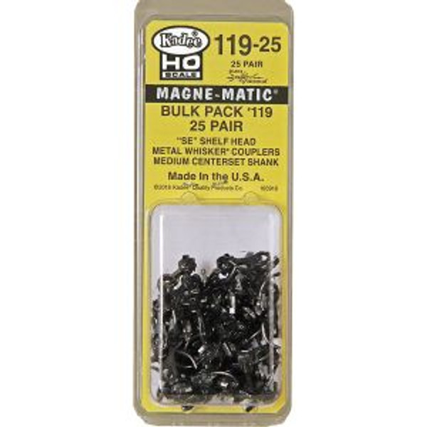 HO Scale Bulk Pack - 25 pair #119 SE Shelf Whisker® Metal Coupler - Medium (9/32") Centerset Shank