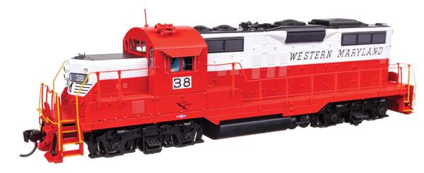 EMD GP9 Phase II - Standard DC -- Western Maryland #38 - Red/White/Black