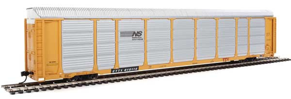 89' Thrall Enclosed Tri-Level Auto Carrier - Ready to Run -- Norfolk Southern Rack ETTX Flat #33565/810116 (yellow, silver, bl