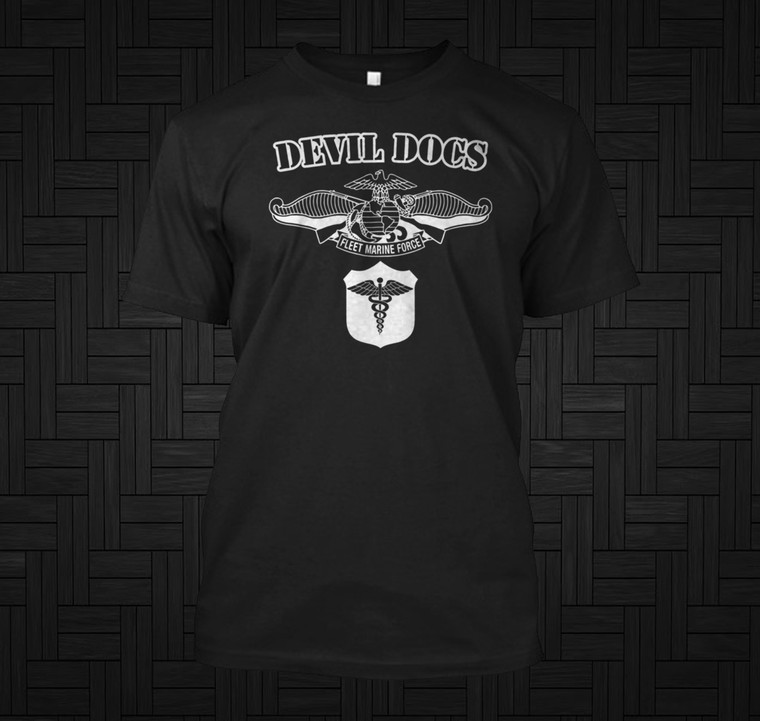 Navy Devil Docs - Fleet Marine Force and Corpsman Black T-Shirt