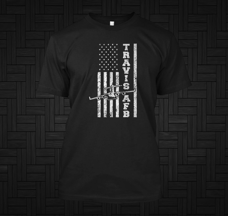 Travis Air Force Base USAF C-17 Patriotic US Flag USA Black T-Shirt