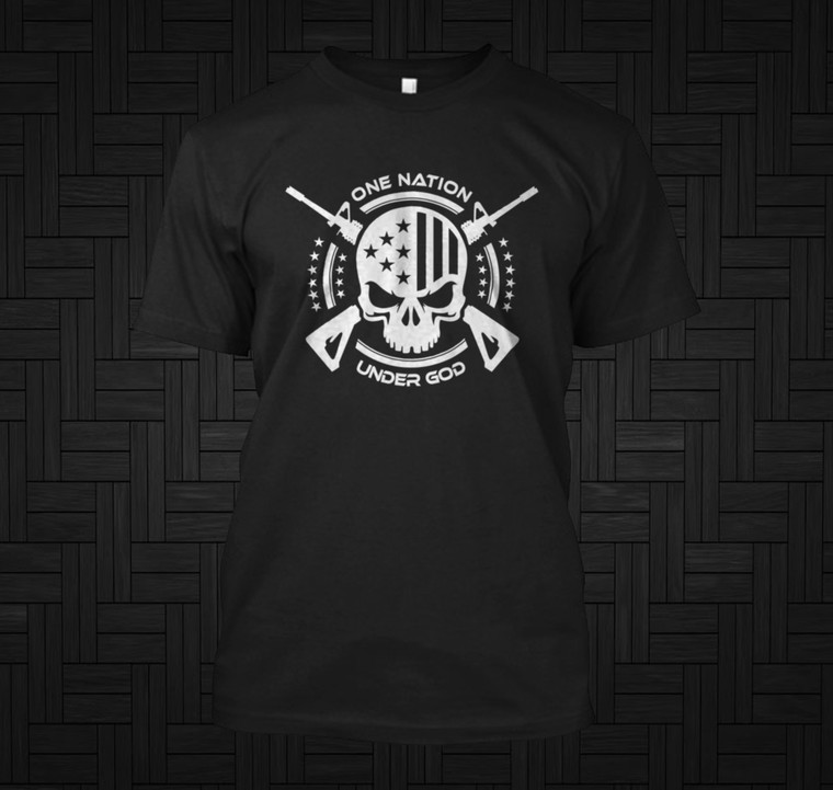 One Nation Under God Military American Flag Skull Black T-Shirt