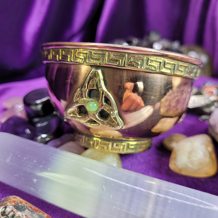 Triple Triquetra  Brass and Copper Ritual Cup with Green Jade Gemstones