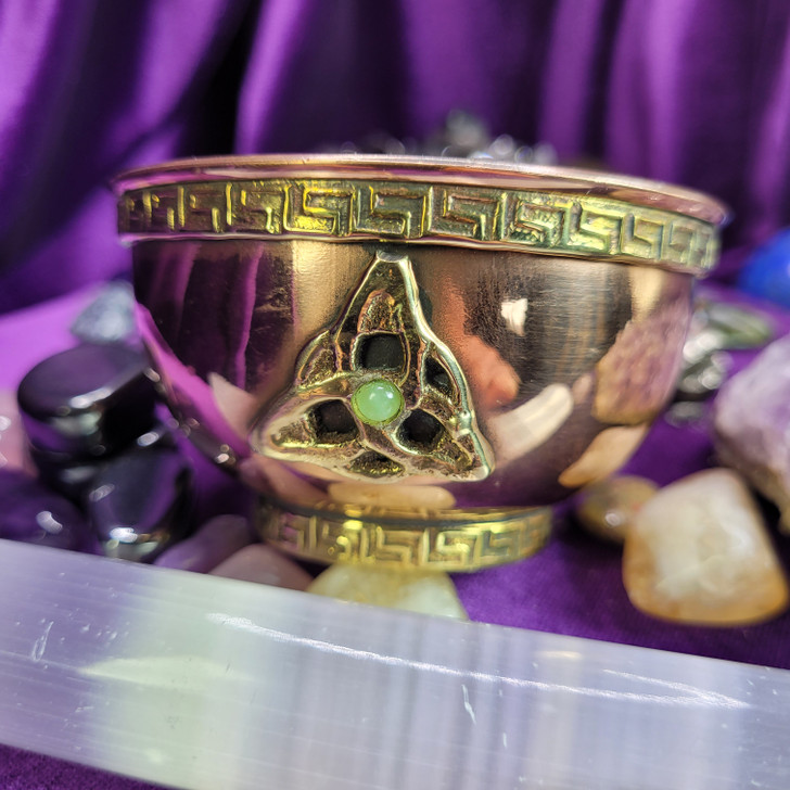 Triple Triquetra  Brass and Copper Ritual Cup with Green Jade Gemstones