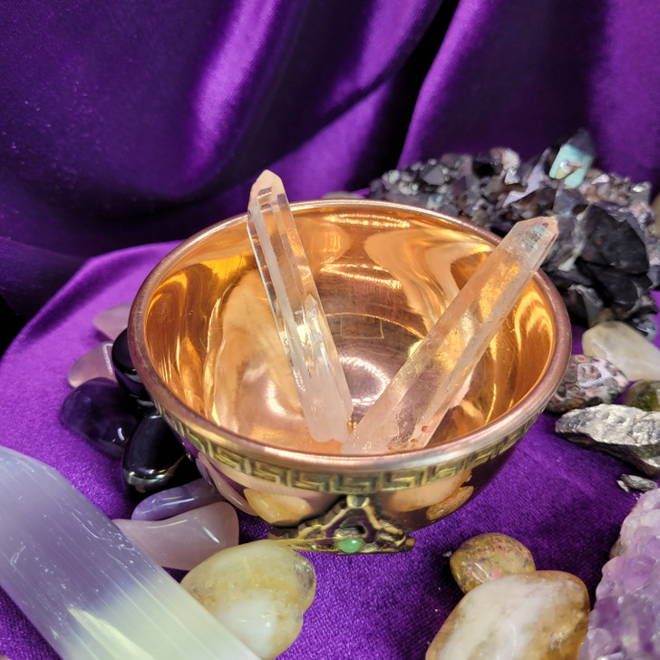 Triple Triquetra  Brass and Copper Ritual Cup with Green Jade Gemstones