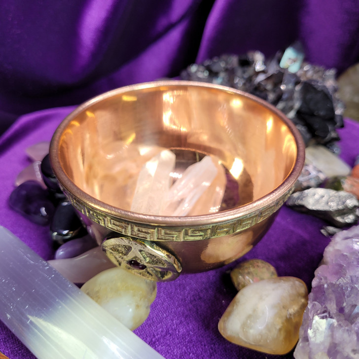 Triple Pentagram Brass and Copper Ritual Cup with Red Garnet Gemstones