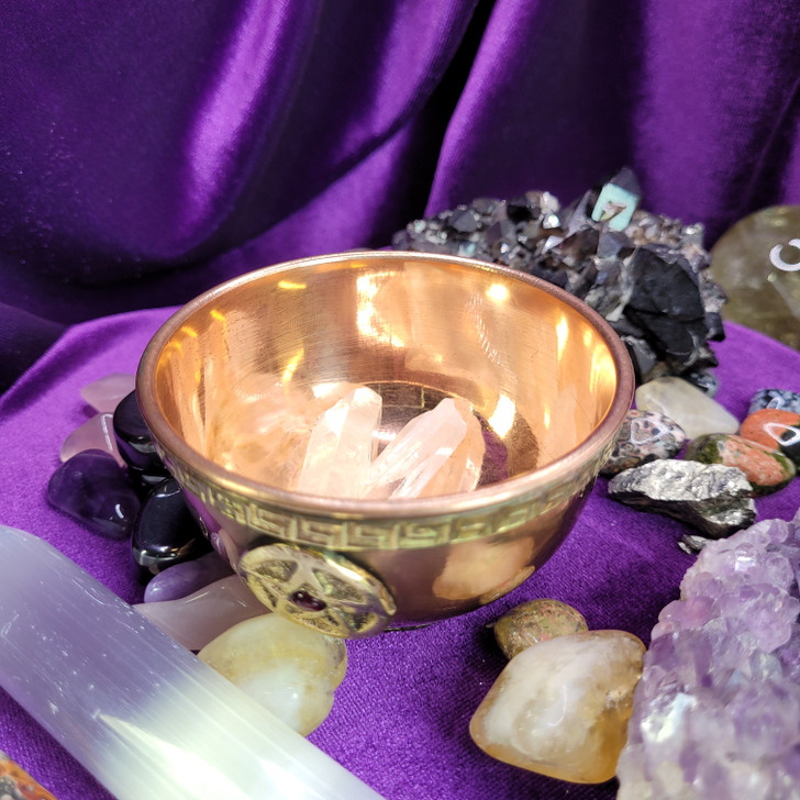 Triple Pentagram Brass and Copper Ritual Cup with Red Garnet Gemstones