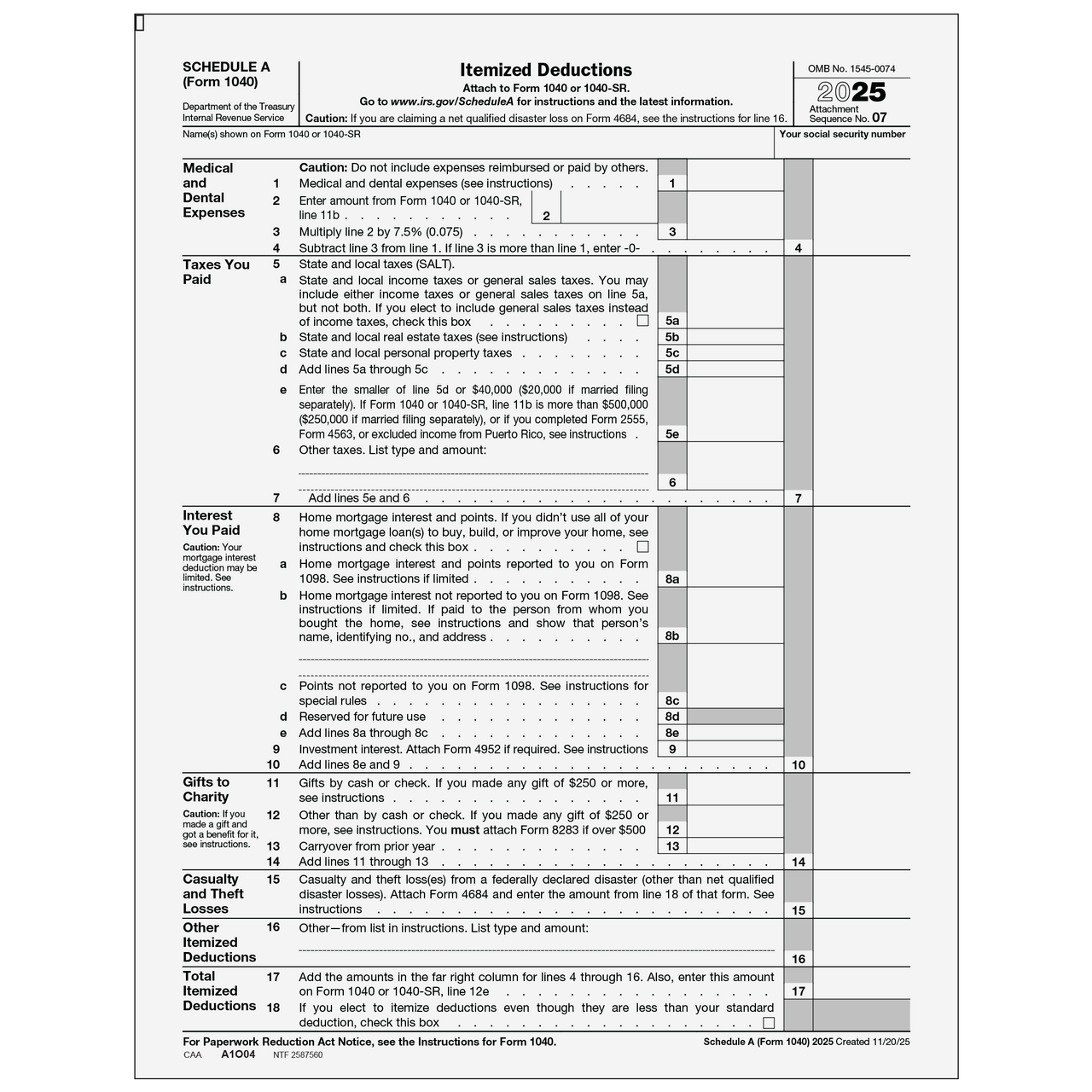 Spiel form まとめ売り A1O04 - Form 1040 Schedule A Itemized Deductions - Greatland.com