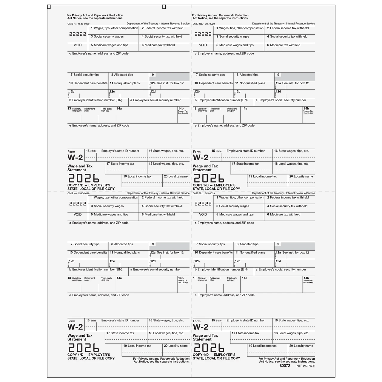 80072 - Form W-2 4up Quadrant Employer Copy 1/D - Greatland.com