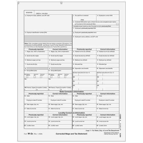 80076 - Form W-2C Corrected Employer State, City, Local, or Record, Copy 1