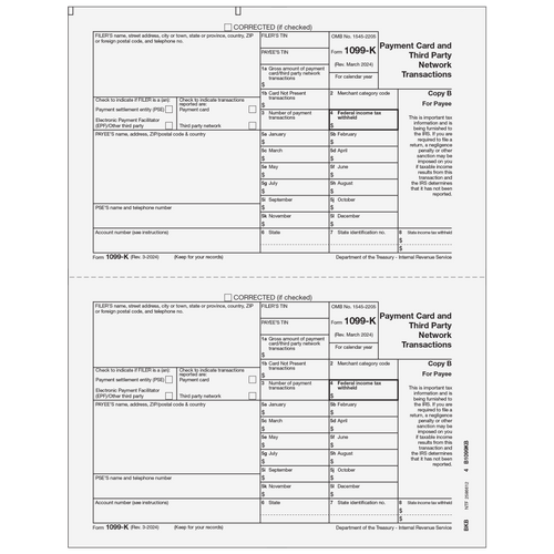 BKB05 - Form 1099-K Payment Card and Third Party Network Transactions - Copy B Payee