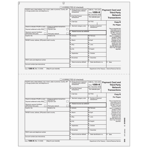 BKB05 - Form 1099-K Payment Card and Third Party Network Transactions - Copy B Payee