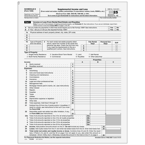 E1204 - Form 1040 Schedule E Supplemental Income and Loss (Page 1 & 2)