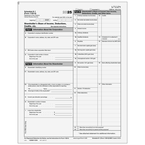 120SK11204 - Form 1120-S Schedule K-1 Shareholder's Share of Income, Deductions, Credits, etc.