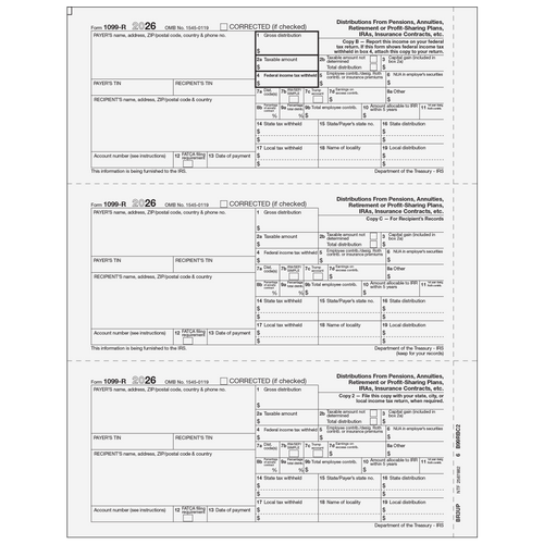 BR3UP05 - 1099-R Distributions From Pensions, etc. Condensed 3up Recipient Copies: B/C/2