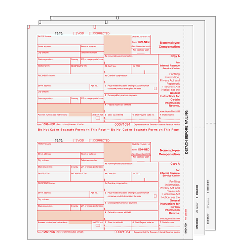 NECS305 - 1099 Non-Employee Compensation - 3-part Set (Preprinted)