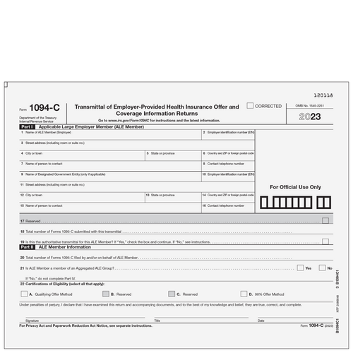 B1094C105 - Form 1094-C - Transmittal of Employer-Provided Health Insurance Offer and Coverage Information Returns (Page 1)