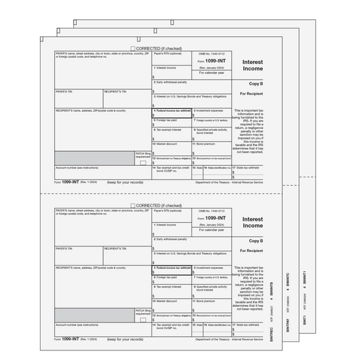 EFINTS305 - 1099-INT Interest Income - 3-Part E-file Set (Preprinted)