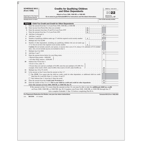 8812104 - Form 1040 Schedule 8812 Additional Child Tax Credit (Page 1 & 2)