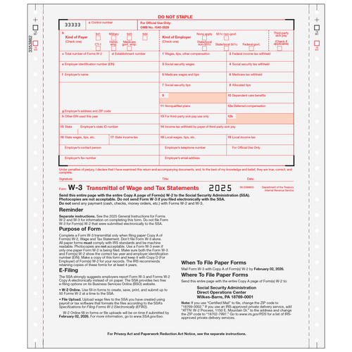 W3052 - Form W-3 Transmittal Employers Federal 2-part (Carbonless)