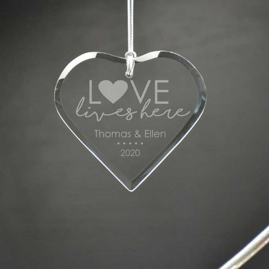 Laser engraved glass ornament perfect for the happy couple