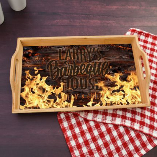 Personalized Grilling Serving Tray is personalized with first name and a flame graphic