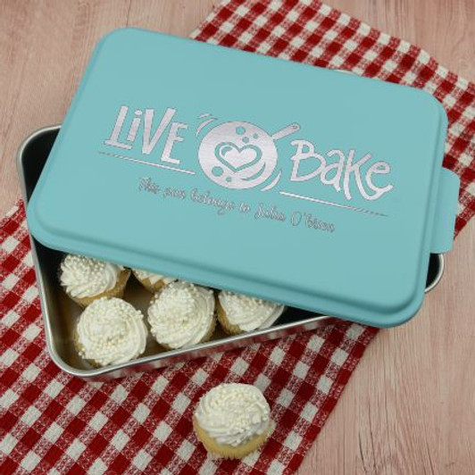 Live, Love, Bake Personalized Cake pan has her name on it.