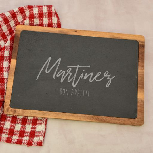 Bon Appetit Personalized cutting board has family last name engraved on the slate insert.