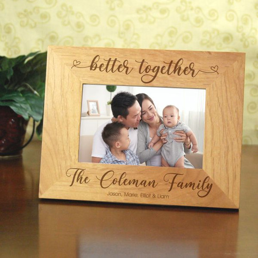 Personalized frame for family has family last name and members' first names engraved