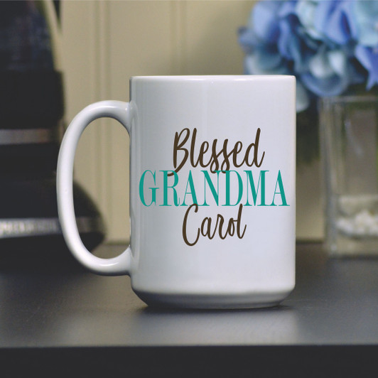 Personalized coffee mug for mom says "Blessed Grandma" and has her name