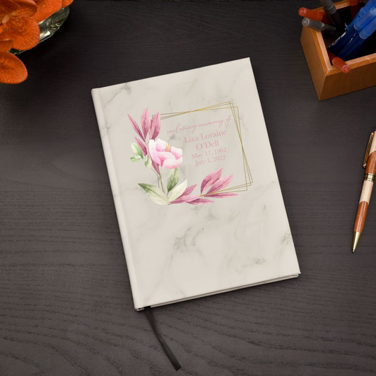 Personalized in memory of memorial journal featured in white marble