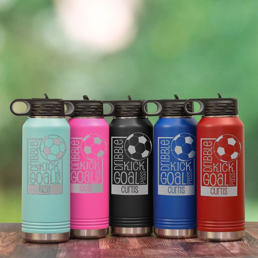Engraved soccer water bottle in 5 colors