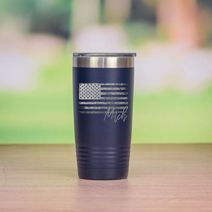 Personalized patriotic travel mug in navy blue