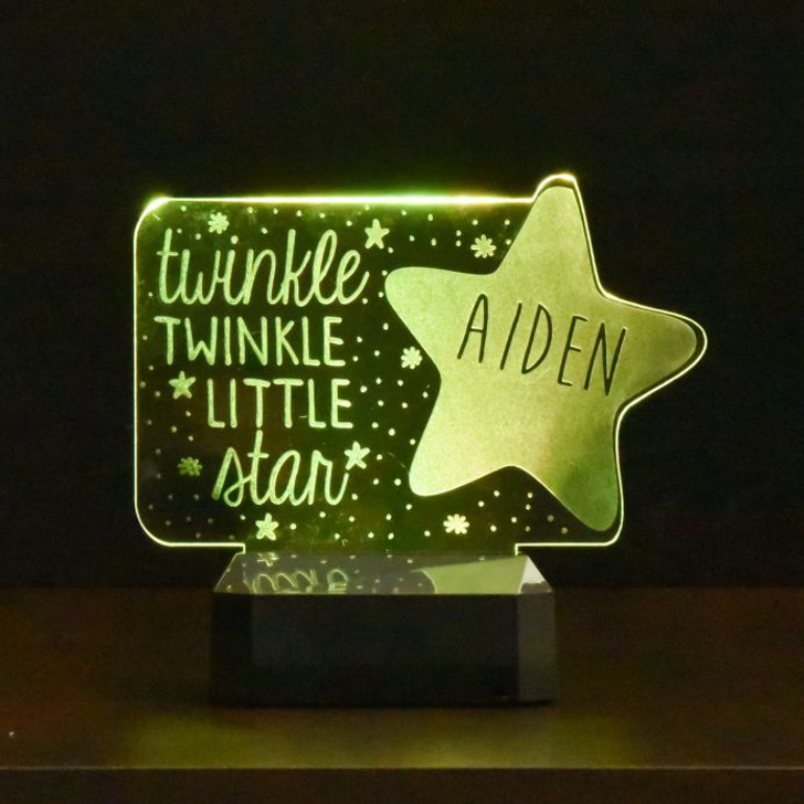 Personalized LED Twinkle Sign for kids and babies shown in yellow light