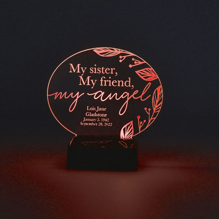 My Sister, My Angel Personalized Memorial LED Sign shown with glowing red light