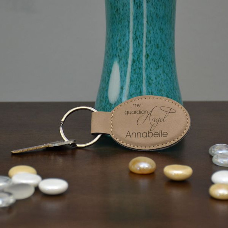 Guardian Angel Oval Key Chain in Light Brown