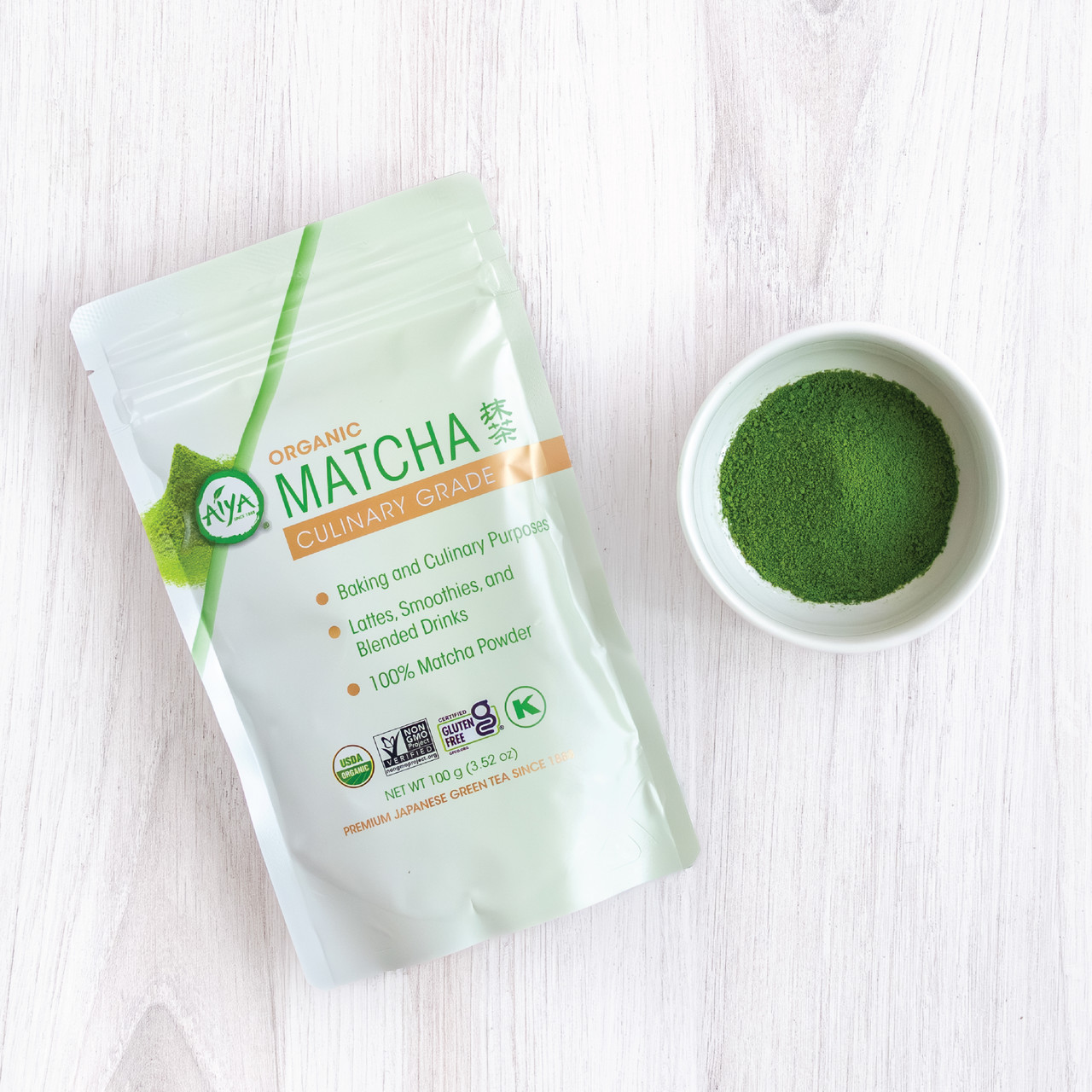 Organic Culinary Grade Matcha 100g bag with bowl of matcha