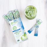 Sugar Free Sweetened Matcha To Go retail box plus sticks and drink